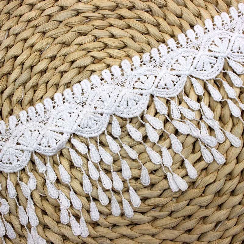 Cotton Tassel Fringe Embroidered Lace Trim Ribbon Fabric, Handmade Sewing Supplies, Craft Gift, White and Black, 1 Yard