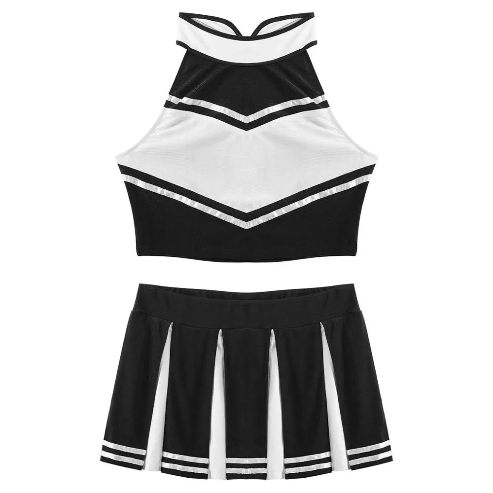 Women Adults Cheerleader Costume Suit Cheerleading Uniform Outfit 2Pcs School Girls Sleeveless Crop Top with Mini Pleated Skirt