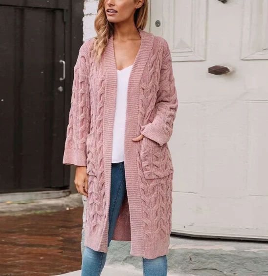 2022 Vintage mohair long cardigan women sweaters female Long sleeve pocket winter cardigans Casual knitwear pure jumpers