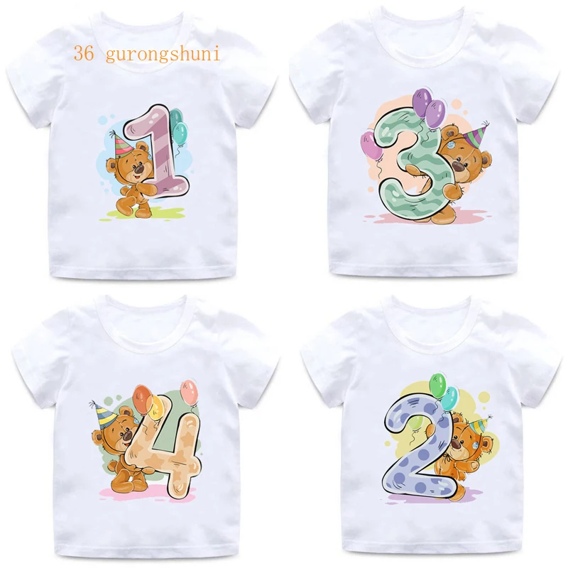 

Boy Girl Birthday Bear Number 12 3 4 8 9 Bow Print T shirts Baby cute Cartoon Funny Round Neck Girls T-shirt Best Birthday Gift