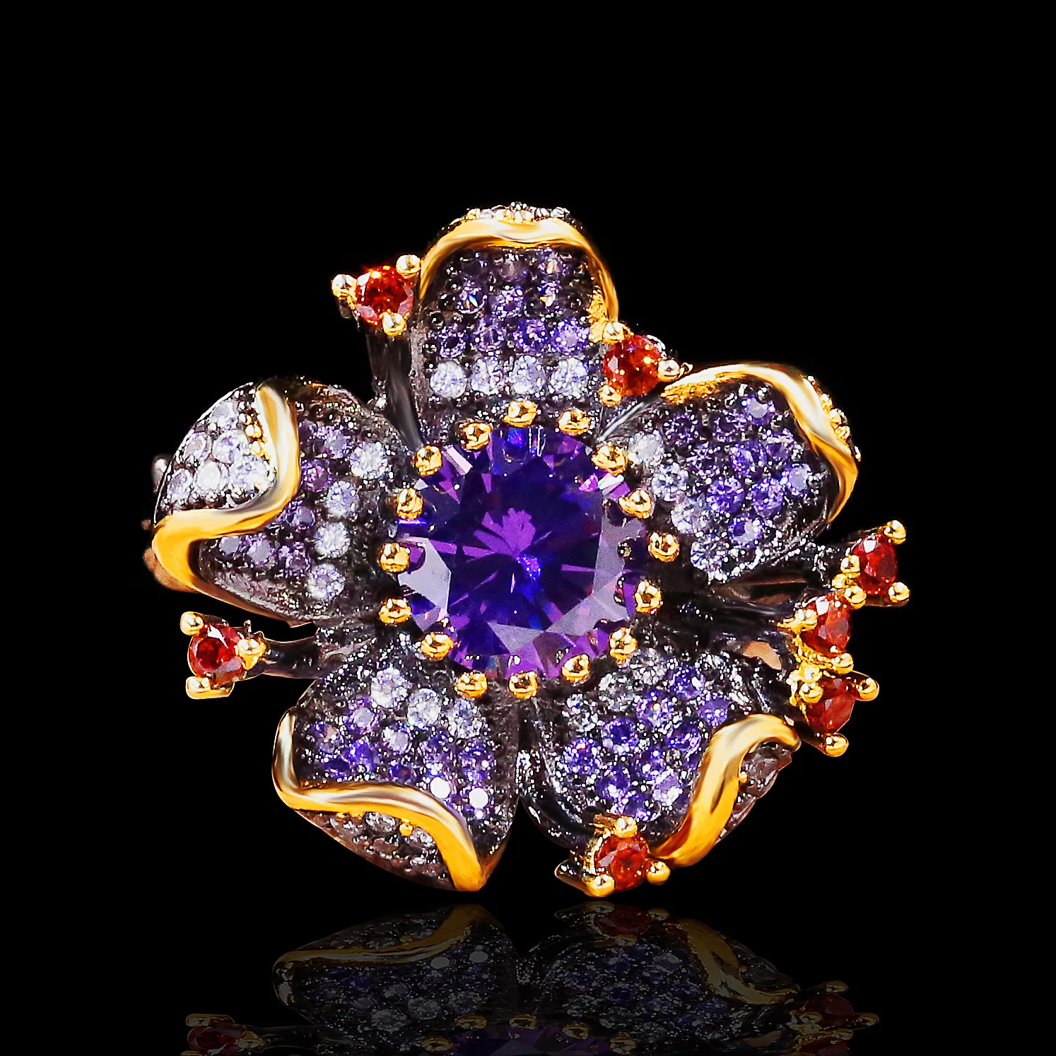 925 Stamp New Unique Purple Diamond Flower-Shaped Black Gold Ring Zircon Shiny Jewelry Elegant Party Women\'s