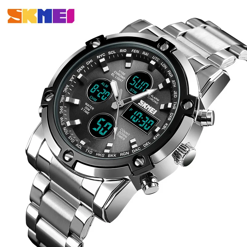 SKMEI Alloy Big Dial Men Analog Quartz Watch Luxury Brand Man Dual Display Waterproof Watches Fashion Sports Wristwatches