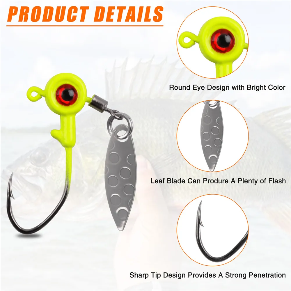 10Pcs Fishing Jig Heads Underspin Spinner Blade 3D Eyes Painted Fishing Lure Crappie Jig hooks for Bass Walleye Trout Fishing