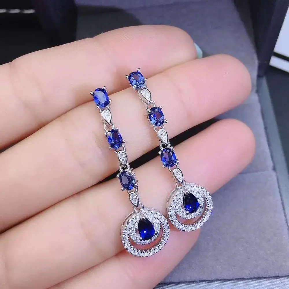 Natural And Real Blue Sapphire925 Sterling Silver Gemstone Earrings for Women Fine Jewelry Wedding Engagement Valentine's Gift