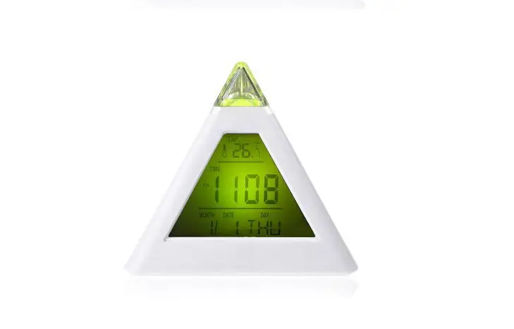 100 PCS LED Color Changing Pyramid Digital LCD Snooze Alarm Clock Triangle Thermometer SN2834