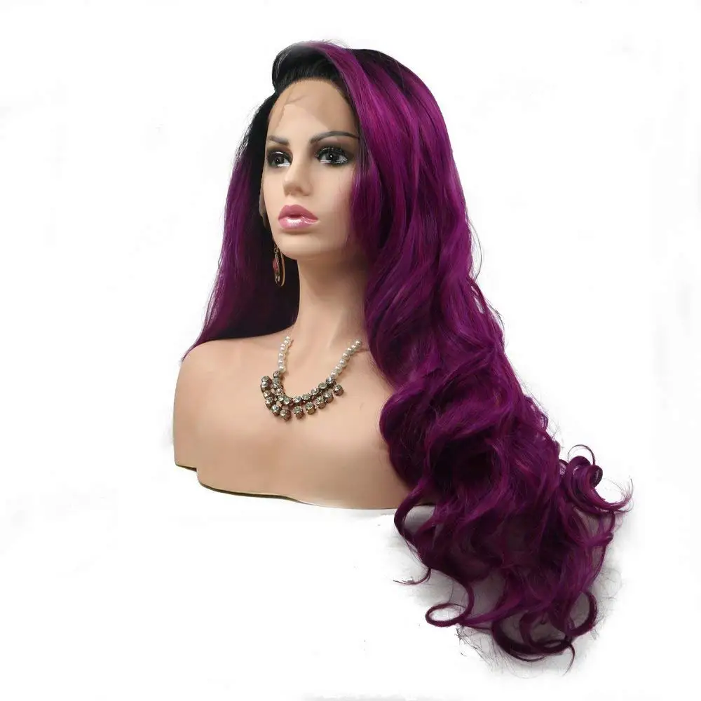 

Sylvia Ombre Purple Lace Front Wigs Side Part Synthetic Hair Black Roots Burgundy Synthetic Wigs for Women