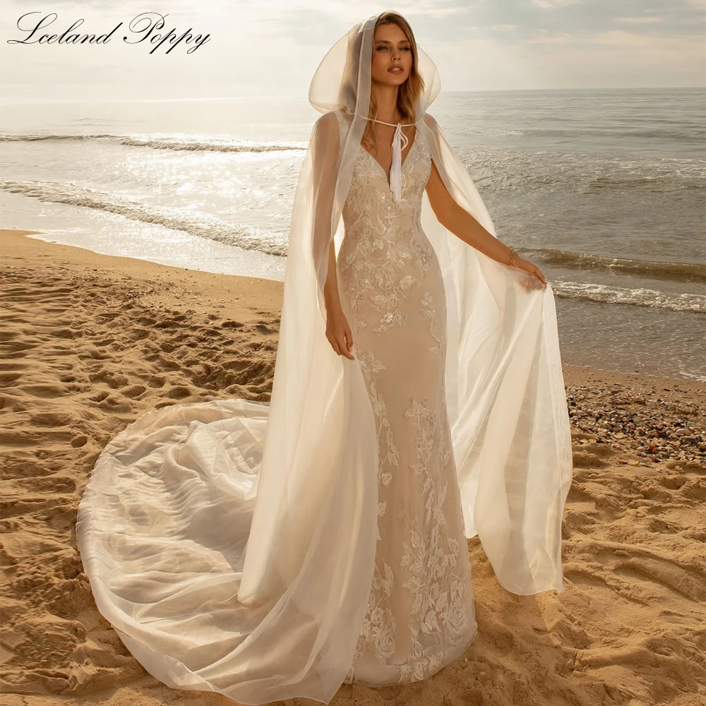 Lceland Poppy Customized V Neck Mermaid Wedding Dresses Sleeveless Floor Length Lace Bridal Gowns with Cape
