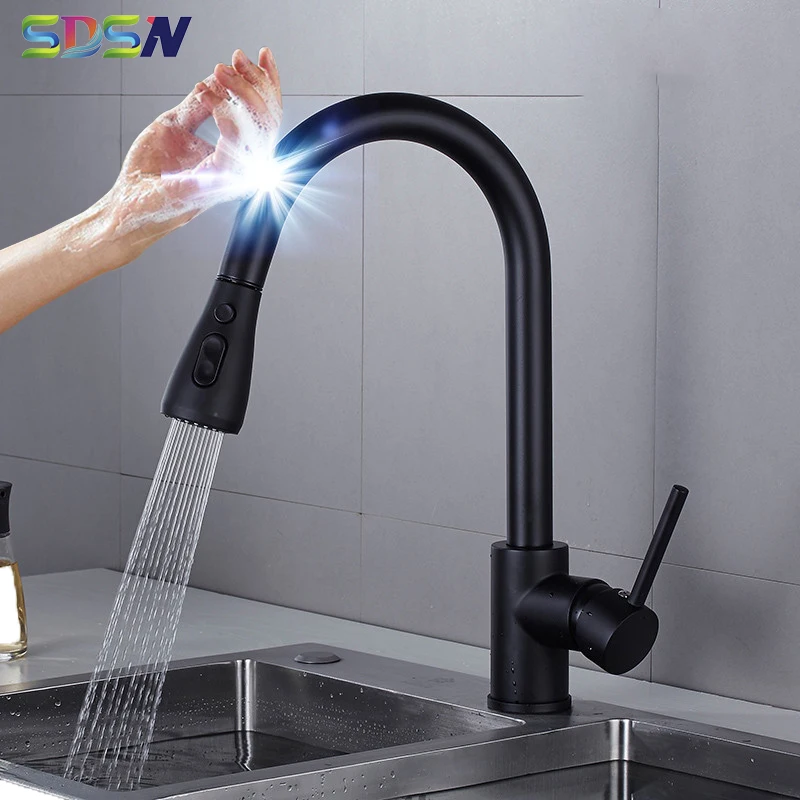 

Black Touch Kitchen Faucet SDSN Luxury Pull Out Kitchen Sink Faucet One Button Stop Water Sensor Kitchen Tap Touch Water Faucets