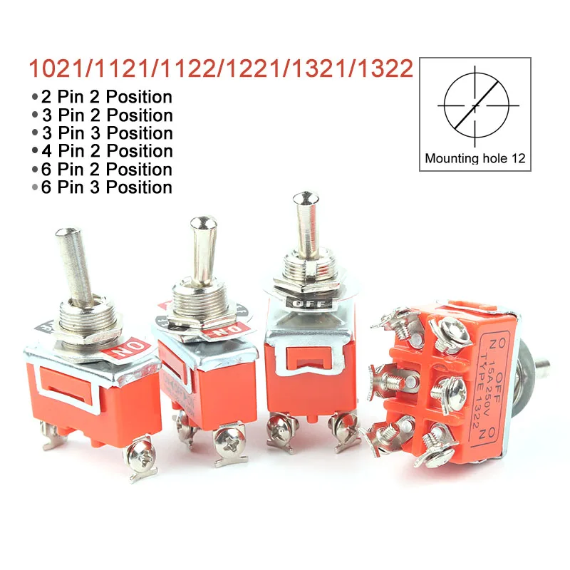 1 pces toggle switch 15a 250v 2/3/4/6 pino 2/3 posições terminal on-off on-off-on-off 1121 1021 1321 1322 interruptor de balancim