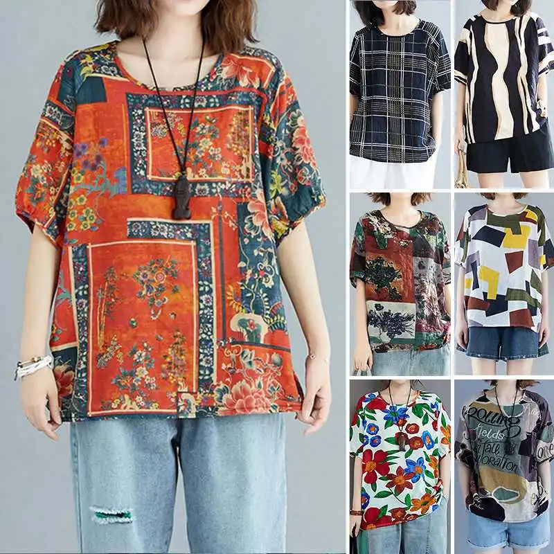 Summer Blouse ZANZEA Women Vintage Printed Tops Casual O Neck Short Sleeve Shirt Female Loose Tunic Blusas  Chemise