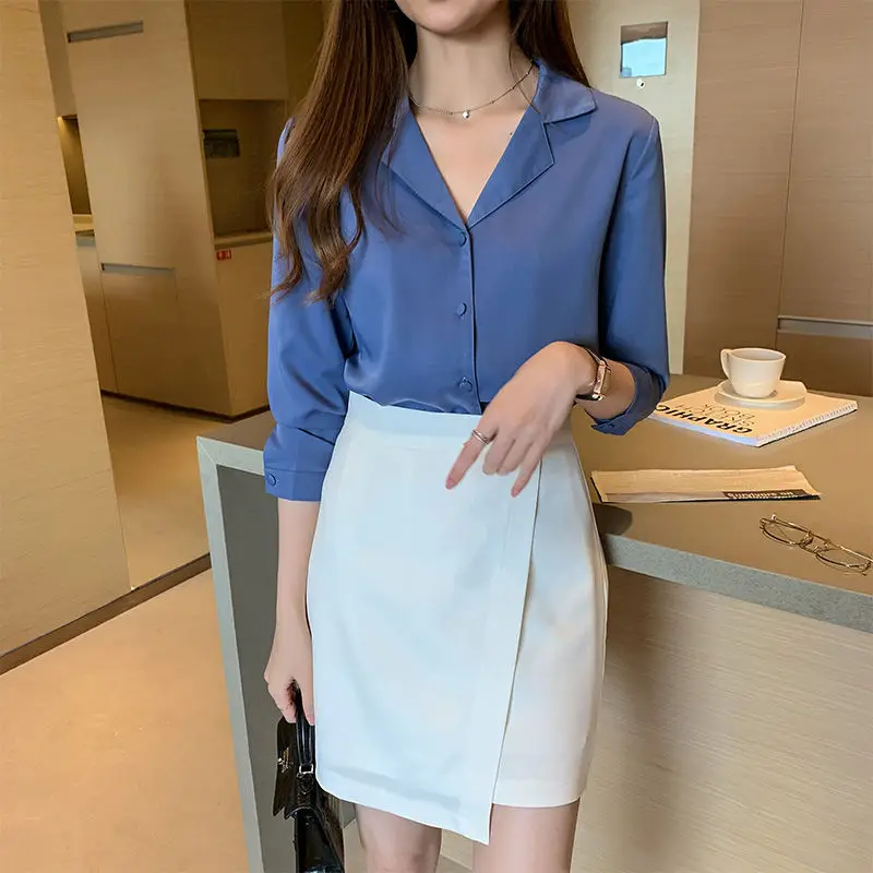 Shirt Women Solid Chiffon Design Autumn Long Sleeves Elegant Casual Korean Style Chic Single Breasted Notched Collar Ladies Hot