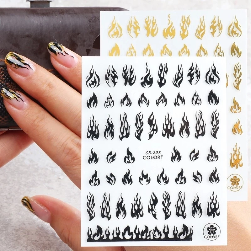 

3D Holographic Fire Flame Nail Stickers Slider Gold Black New Year Manicure Decals DIY Nail Art Decorations Decor Tool