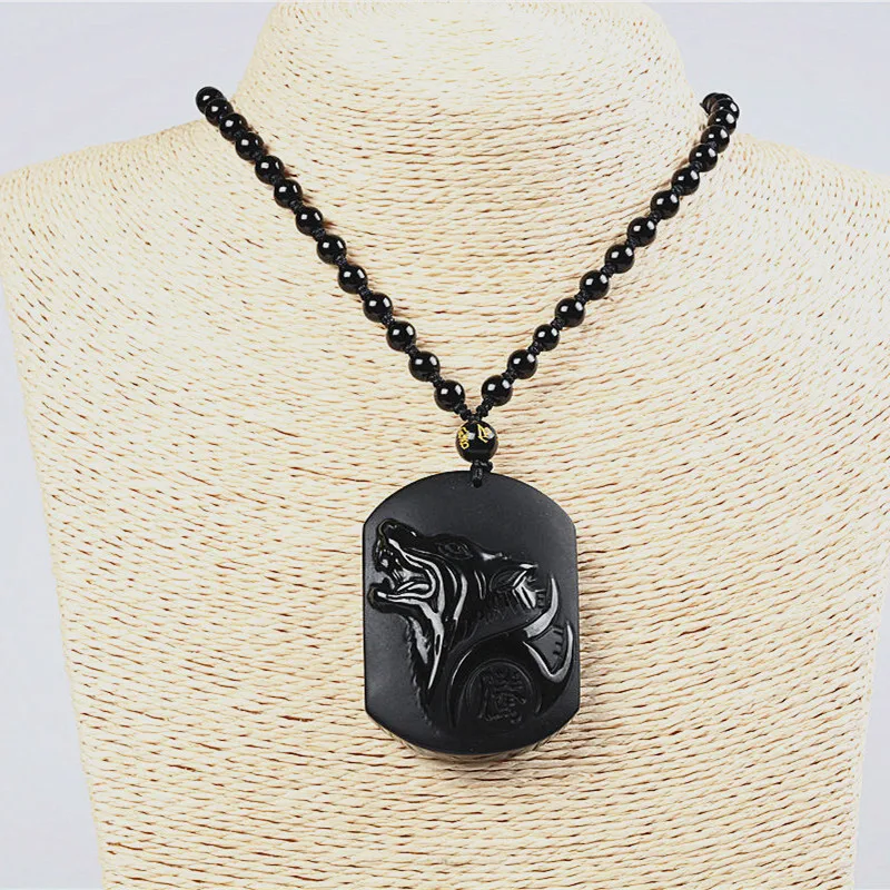 Untreated Black Obsidian Wolf Pendant Amulet Pendant Charm Blessing Pendant Necklace