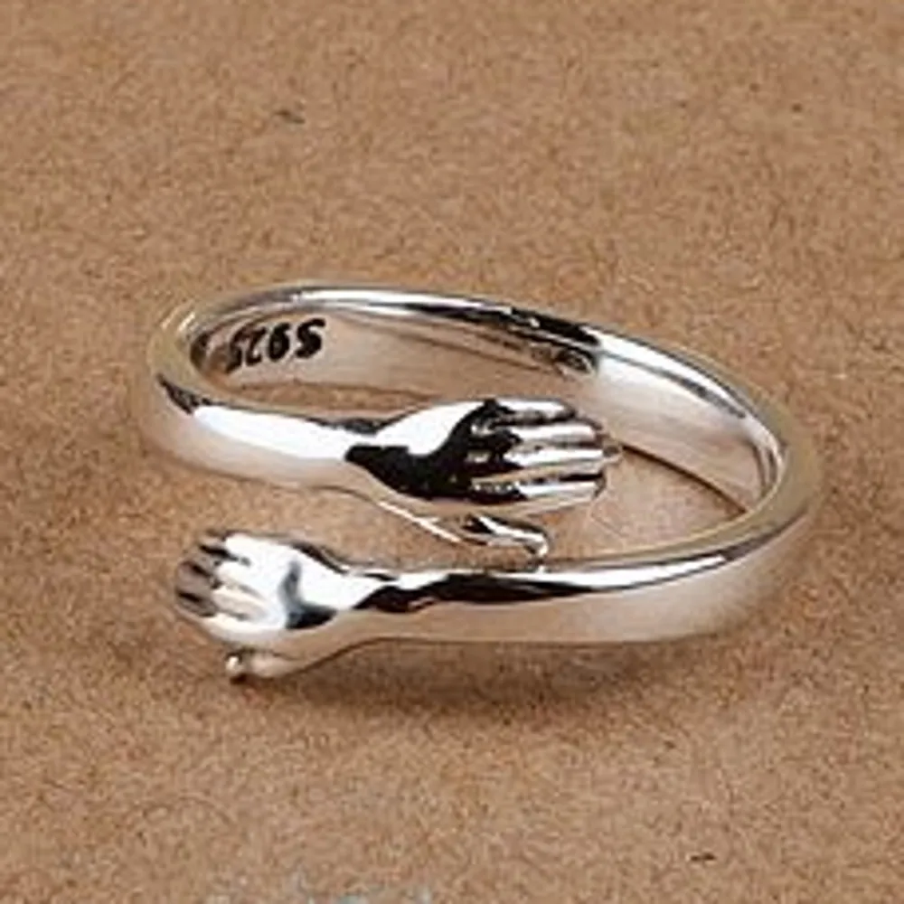 BOCAI New Real S925 Pure Silver Woman Ring Two Hands Hugging Girlfriend Gift Solid 925 Silver Female Ring