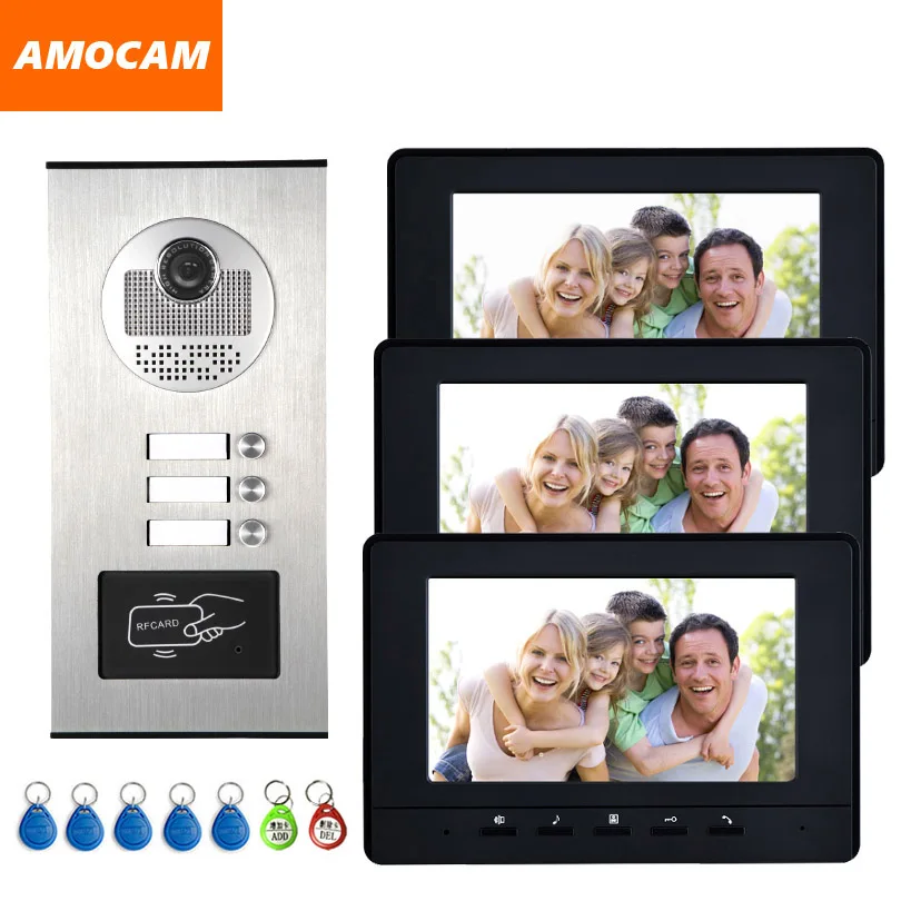 

7'' Color Video Intercom RFID Camera Video Doorbell with 2 / 3 / 4 Monitors Video Door Phone 500 user for multi Apartments