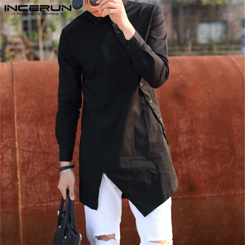 INCERUN 2023 Men Irregular Shirts Lapel Button Long Sleeve Chic Solid Color Camisa Fashion Dress Shirts Slim Long Tops Plus Size