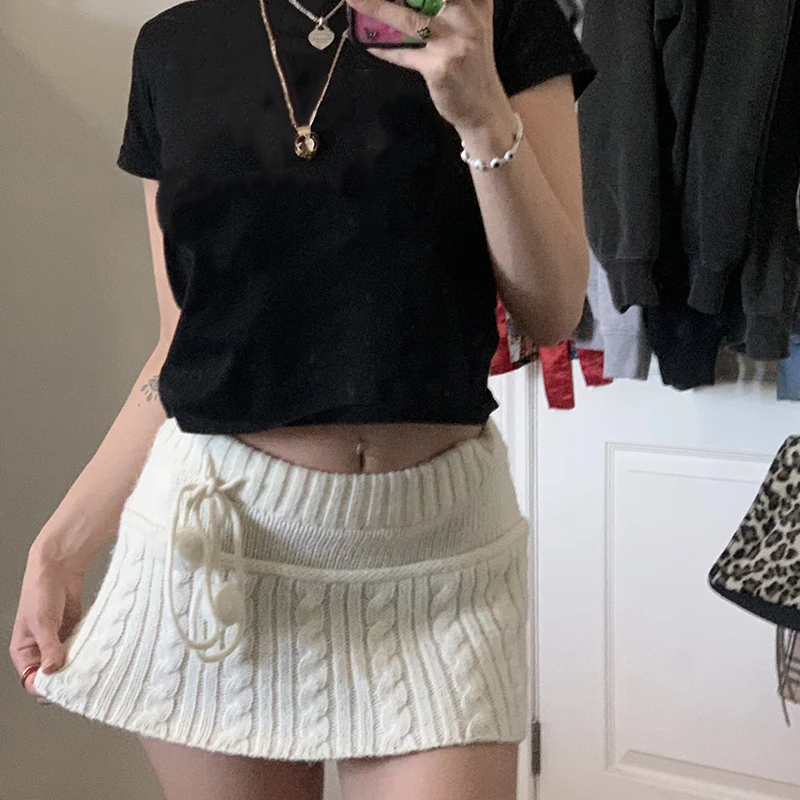 y2k Kawaii Twist Knitted Mini Skirt Retro Lace Up Fur Low Waist Short Pencil Skirts Chic Womn Sweet Girl Vintage Streetwear