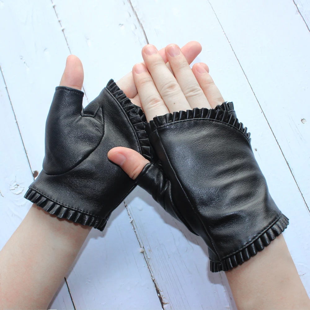 New Fashion Women Genuine Leather Sheepskin Fingerless High Quality Outdoor Driving Black Gloves Spring and Autumn