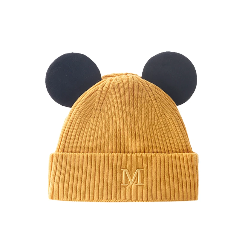 Mickey Autumn and Winter Warm Woolen Hat Cute Mickey Ear Knit Hat M Letter Embroidered Cap Beanie  Winter Hats for Women