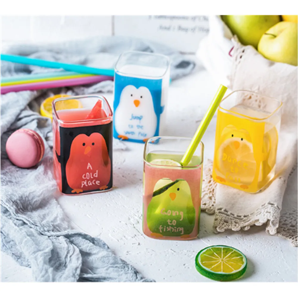 

Children's cute little penguin bear square glass water glass creative glass milk glass heat resistant microwave oven available