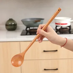 Long Spoons Wooden Natural Round Cooking Spoon for Soup Cooking Mixing Stirr Korean Style Kitchen Utensil Eco-Friendly Reusable