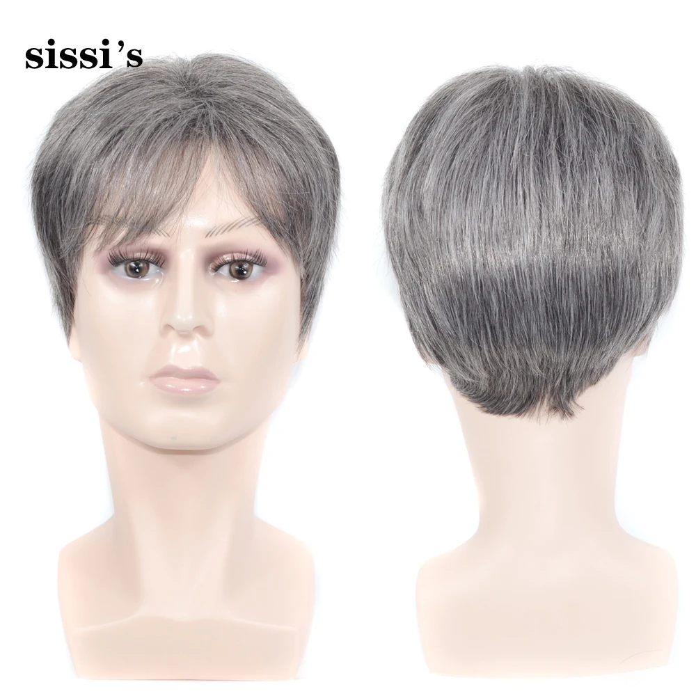 Fancied Hair Short Silver gray Synthetic Hair Wig Mens Male Hair Fleeciness Realistic Wigs