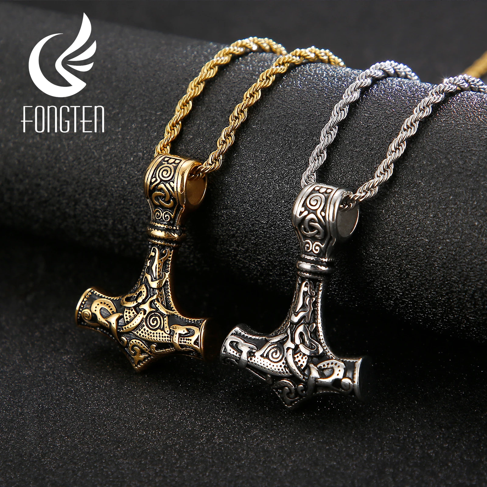 Fongten Thor's Hammer Pendant Necklace For Men Stainless Steel Amulet Men Mjolnir Twisted Chain Necklaces Multiple Color Jewelry