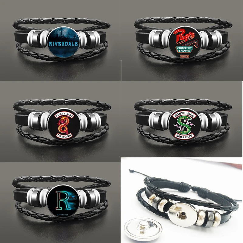 TV Jewelry Riverdale South Side Serpents Hat Black Multi Layer   Leather Bracelet Glass Dome Button Snaps Bracelet Adjustable