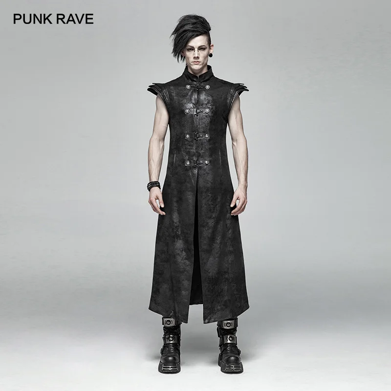 PUNK RAVE Punk Style Men's Armor Coating Crack Woven Black Long Vests Placket with Pu Leather Visual Kei Buckle Vest Jacket Men