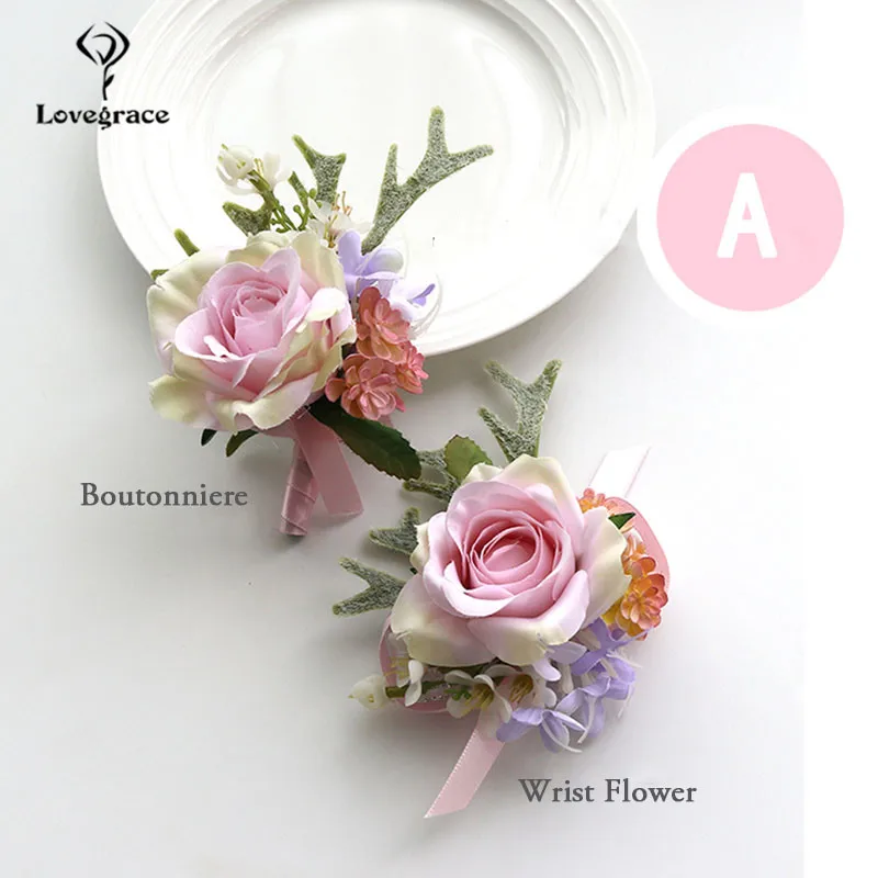 Lovegrace แต่งงาน Corsages และ Boutonnieres ดอกไม้ผ้าไหมกุหลาบน้องสาวสีชมพูเข็มกลัด Corsage Pins แต่งงานอุปกรณ์เสริมสร้อยข้อมือ