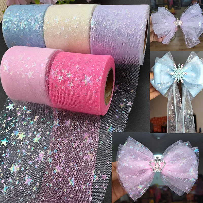 25yard Silver star Printed Tulle Cherry Blossom Mesh Fabric Rainbow Color Ribbon DIY Handmade Craft Ornament Material Supplies