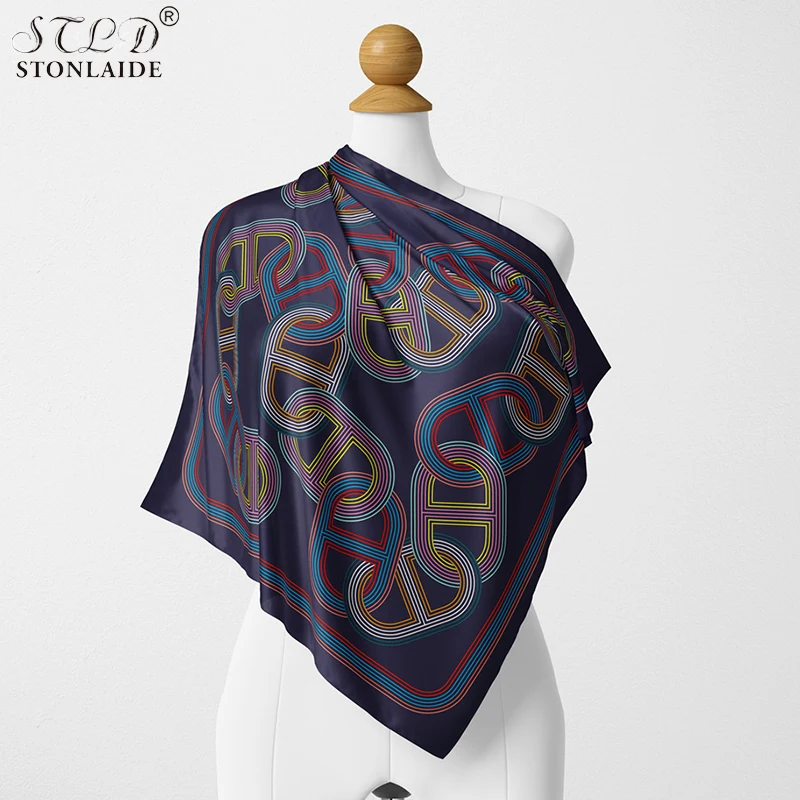 Fashion Ethnic Stylish Geometric Lines Imitation Silk 53CM Small Square Neck Scarf For Women Professional OL Small Silk Shawl