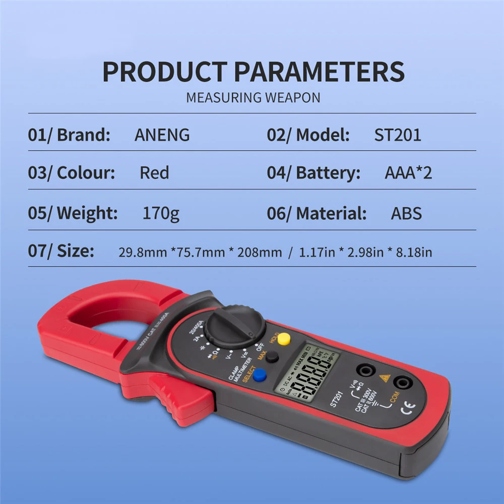 ST201 Digital Clamp Multimeter Resistance ohm Tester AC DC Clamp Ammeter Transistor Testers Voltmeter Contact LCR Meter Red/Blue