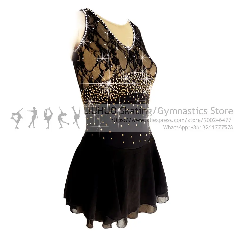 Figure Skating Dress GirlsBlack Swimwear Sleeveless Splice Ice Skating Dance costumes Roller Skating Ballet Dress for Adult