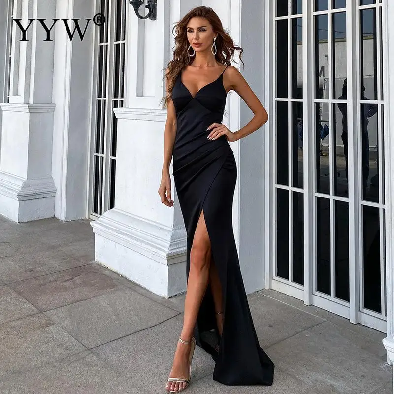 Sexy V-Neck Long Formal Evening Dresses Asymmetric Side Slit Solid Black Night Gown Trendy Party Dresses For Women Ankle Length