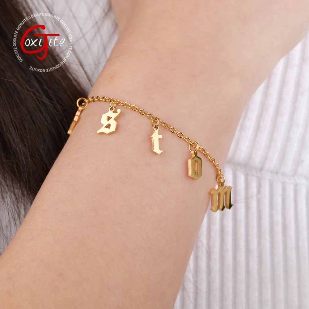 

Goxijite Customized Dangled Initial Name Bracelet Personalized Stainless Steel Name Letter Number Bracelets Best Jewelry Gift