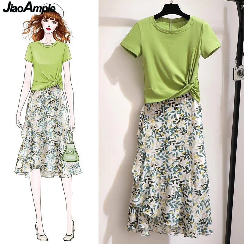 2024 Summer Korean Fashion T-shirt Skirt Set Women Graceful Print Dress Short Tops Outfits Girls Students Casual Sweet Clothing