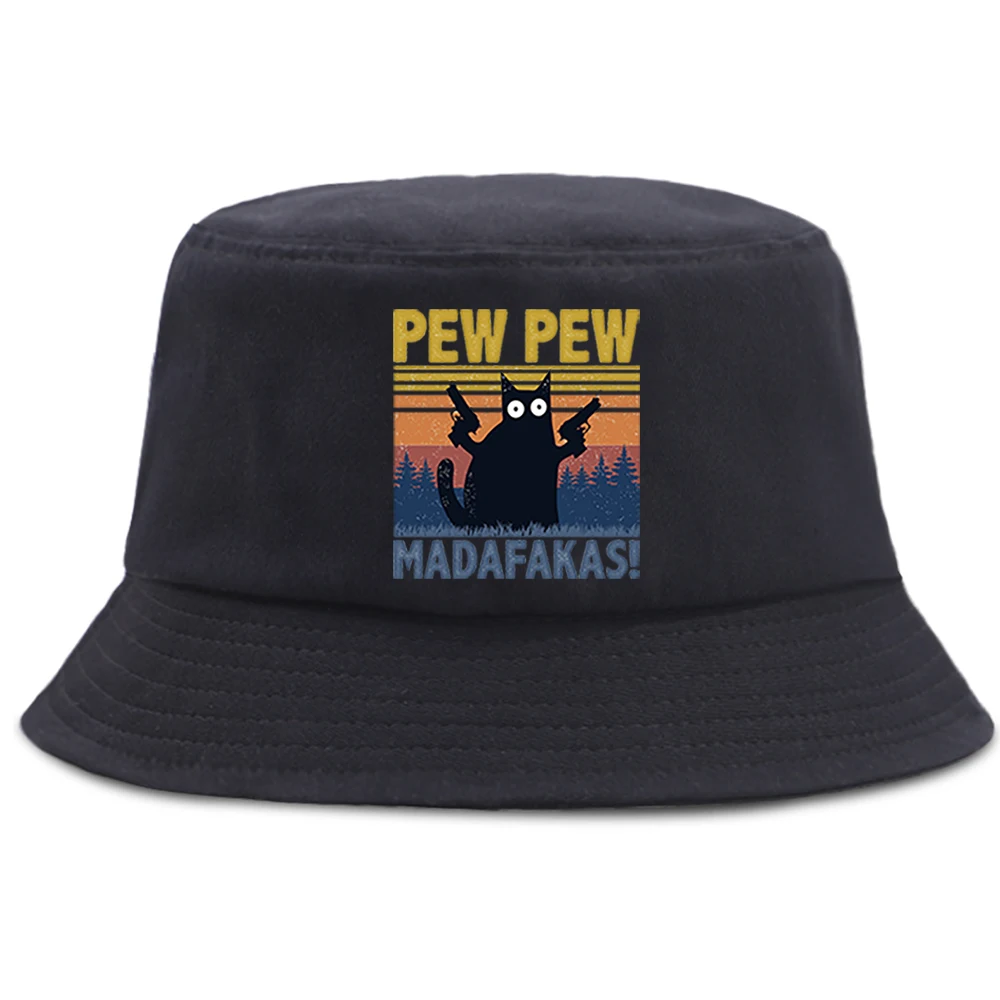 Pew Pew Madafakas Black Cat Bucket Caps Women Street Beach Sun Hat Hip Hop Casual Fisherman Hats Men Outdoor Summer Panama Cap