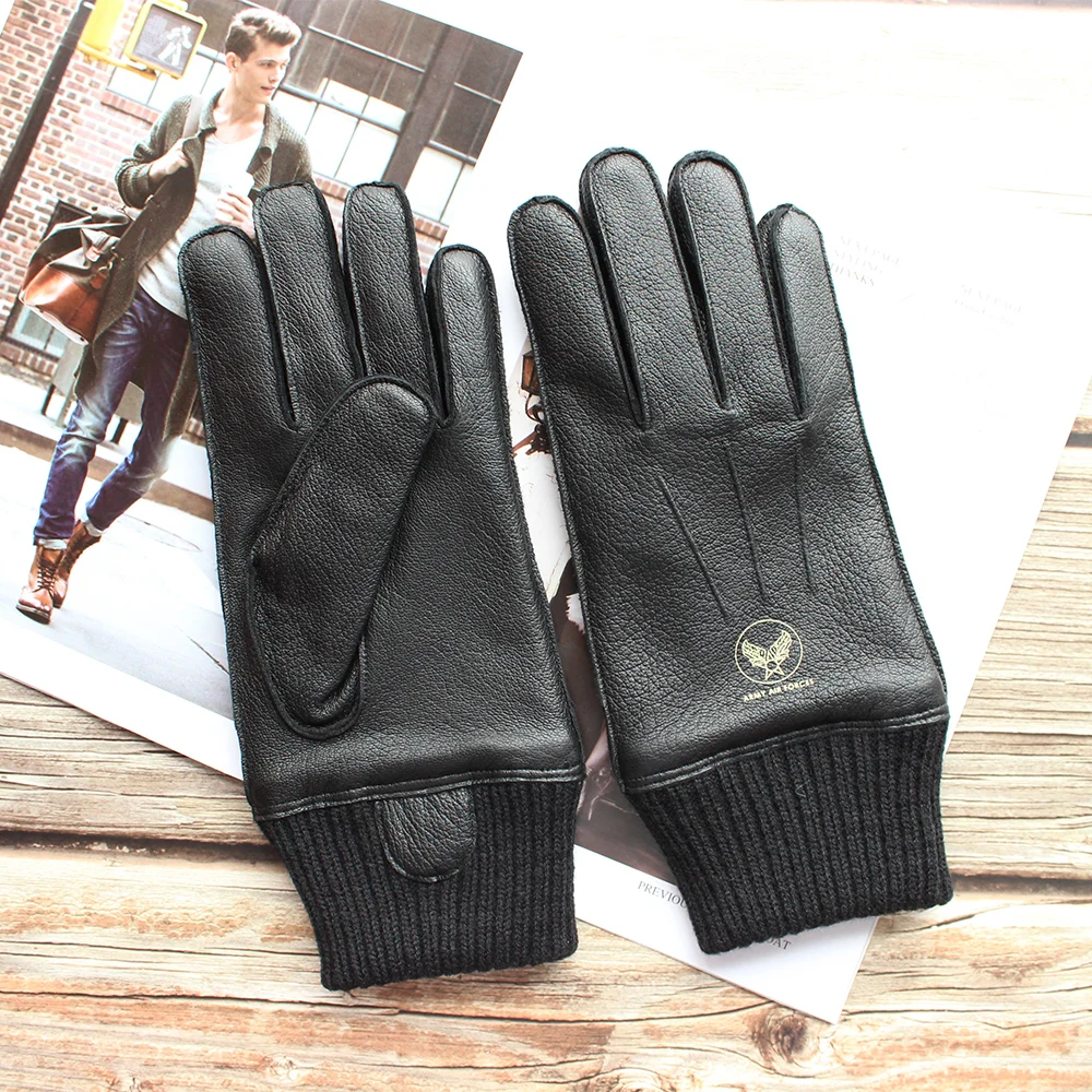 New style touch screen men\'s deerskin gloves high-quality genuine leather with fleece lining driving pilot gloves