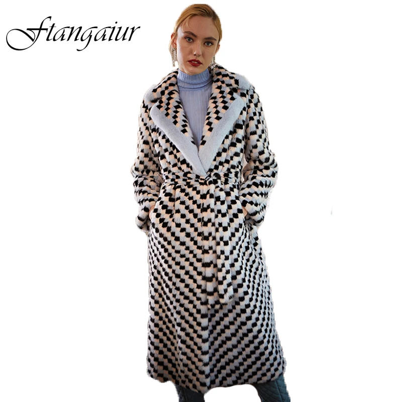 Ftangaiur Winter Import Velvet Mink Fur Coat Turn-Down Collar Full Sleeve Patchwork Plaid Women Medium Natural Mink Fur Coats