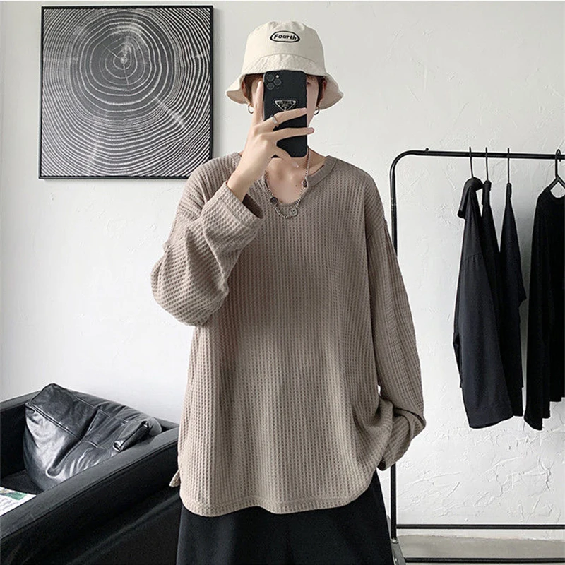 Autumn Waffle Plaid V Neck Long Sleeve Men Tshirts Loose Oversize Fashion White Black Brown Split Fork Top Breathable Streetwear