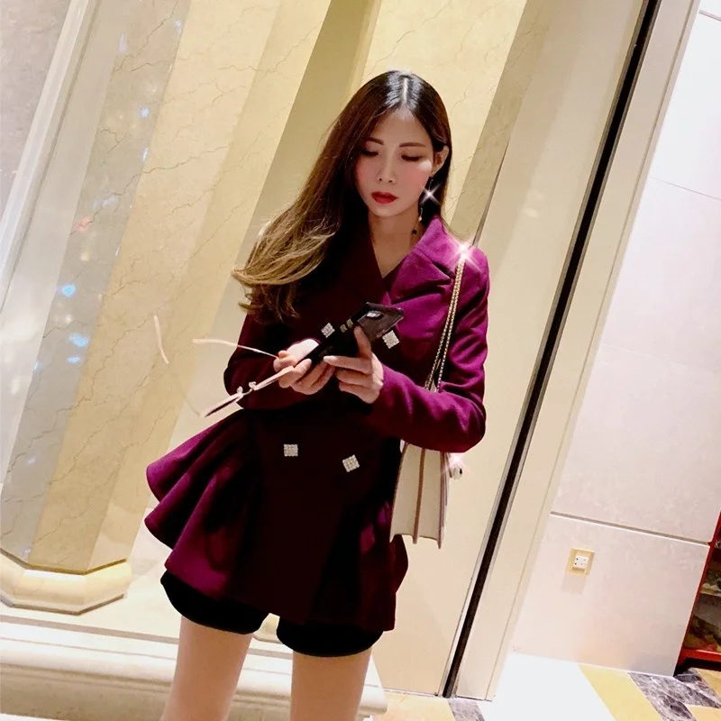 Ladies Elegant Party Ruffles Jacket Crystal Double Breasted Womens Suit Coat Spring Autumn Slim Fit Office Ladies Work Jacket