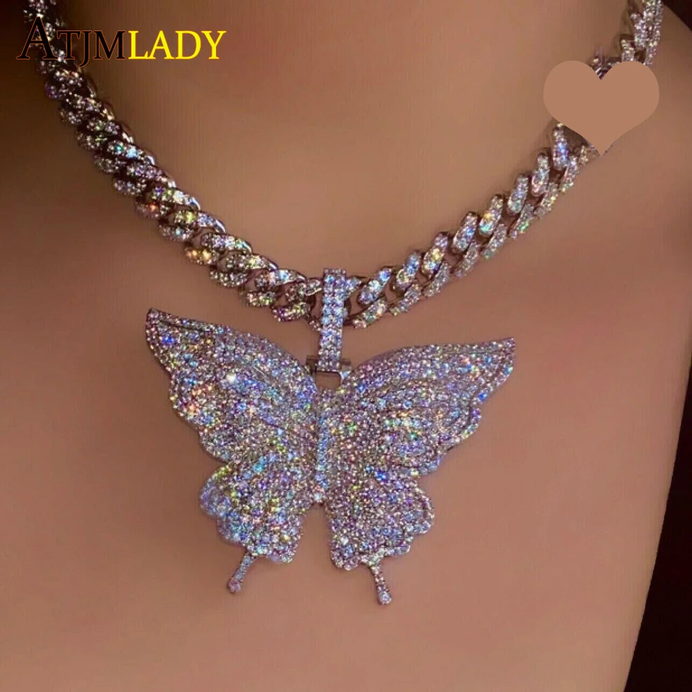 2024 High Quality Micro Pave CZ Iced Out Bling Big Butterfly Pendant Rose Gold Color Pink Hip Hop 5A CZ Women Necklace Set