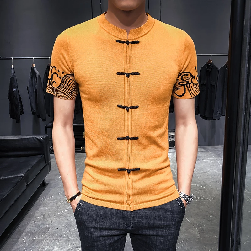 

Sweater Chinese Style Button Side Jacquard Weave Man Self-cultivation Knitting Short Sleeve Camisetas Hombre