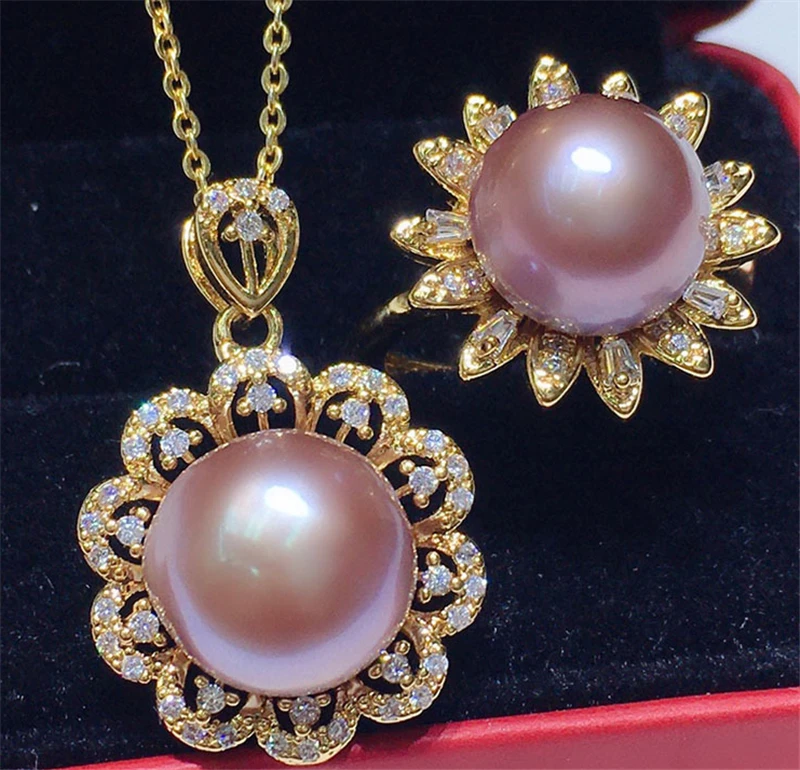 

HABITOO 10-12mm Purple Reborn Keshi Pearl Pendant Necklace Ring Adjustable Gorgeous Fine Jewelry Set for Women Charming Gifts