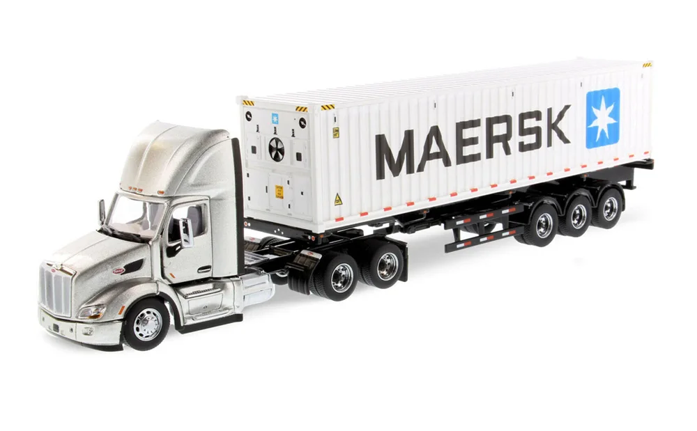 New 1/50 Scale Peterbilt 579 Day Cab Tractor in Legendary Silver with MaeRrsk 40\' Refrigerated Sea Container Diecast 71069