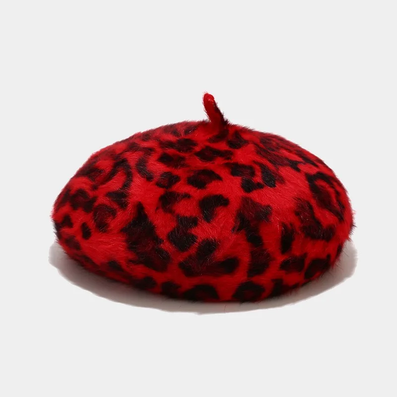 Autumn Winter Leopard Print Warm Rabbit Fur Octagonal Hats for Women and Girl Berets Painter Hat Beanie Cap