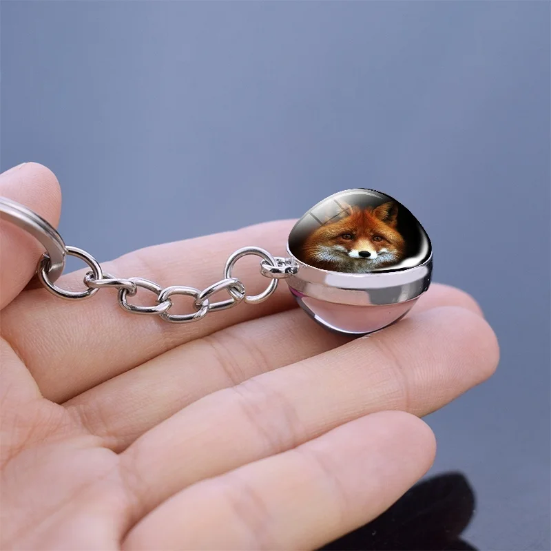 Red Fox Glass Ball Keychain Wildlife Fox Key Buckle Animal Pattern Key Rings Pendant