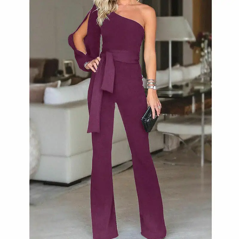 Women Long Sleeve Jumpsuit Fashion Summer Solid Color One Shoulder Jumpsuits