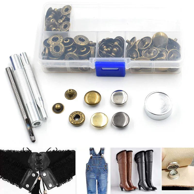 

30sets Leather Snap Fasteners Kit 15mm Metal Button Snaps Press Studs+4 Installation Tools For DIY Clothes Garment Bags Craft